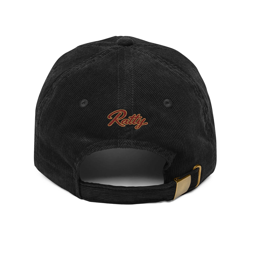 Black corduroy cap, back view with copper Ratty script