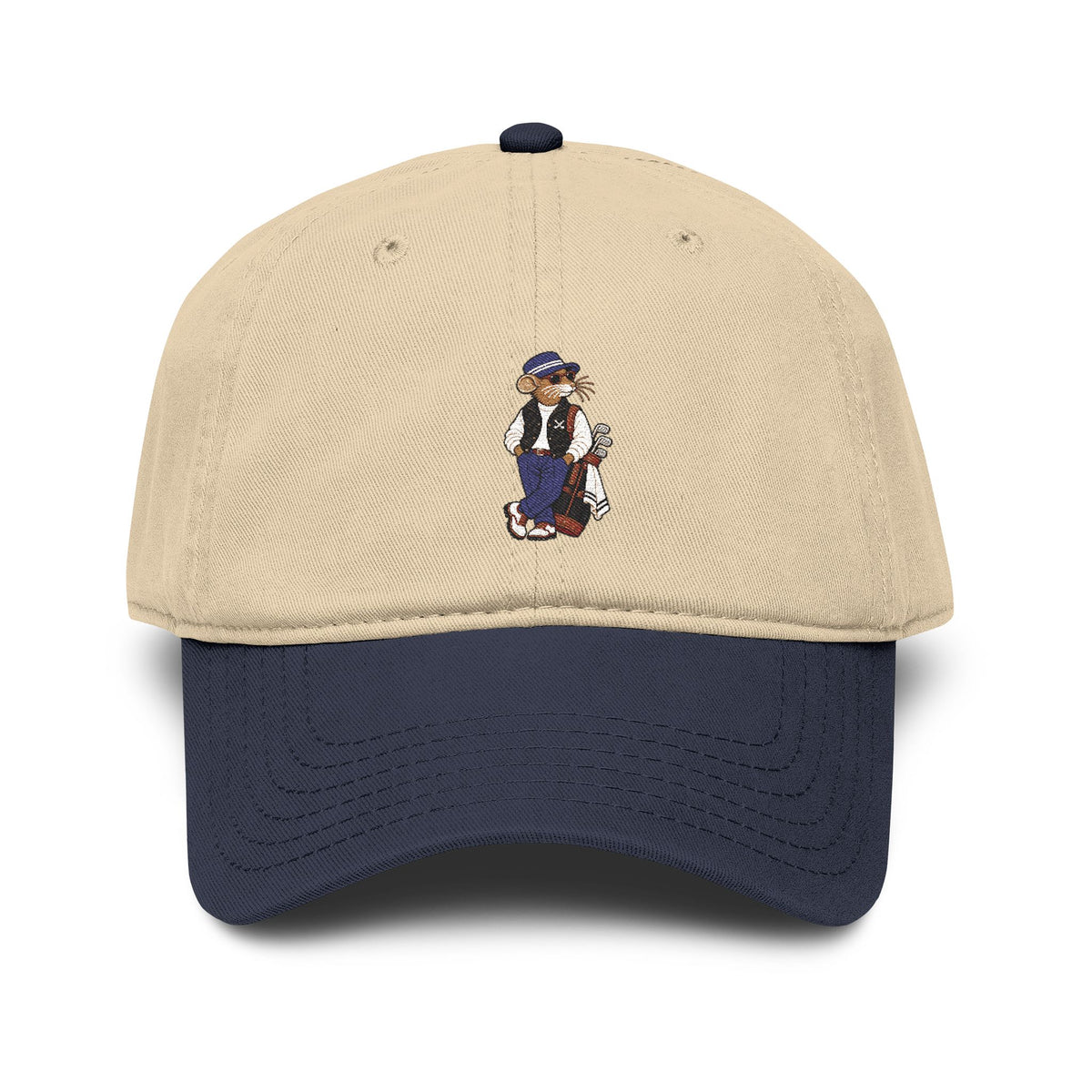 Clubhouse Cap with khaki crown, navy visor and embroidered Ratty with golf bag