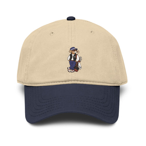 Clubhouse Cap with khaki crown, navy visor and embroidered Ratty with golf bag