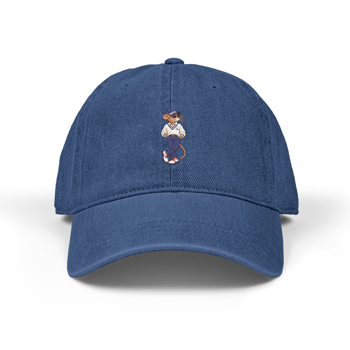 Denim Cap in indigo with embroidered Ratty on the front