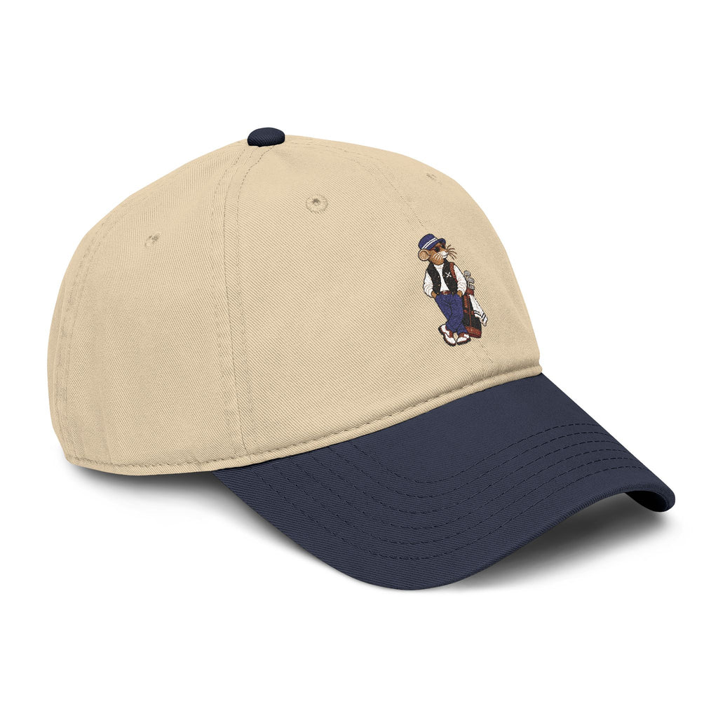 Clubhouse Cap in khaki and navy, back view with adjustable strap