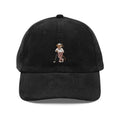 Black corduroy cap with embroidered Ratty golfer, front view