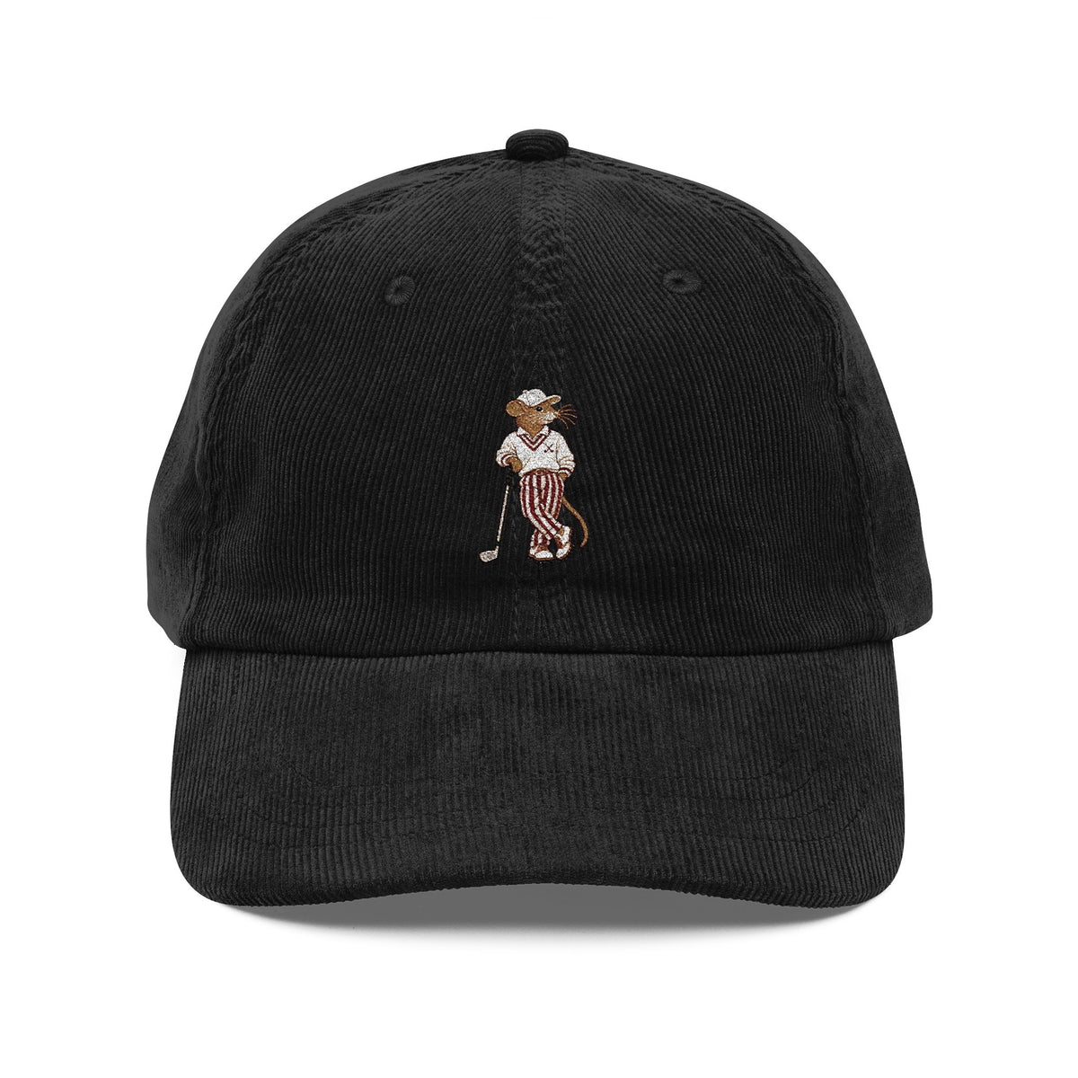 Black corduroy cap with embroidered Ratty golfer, front view