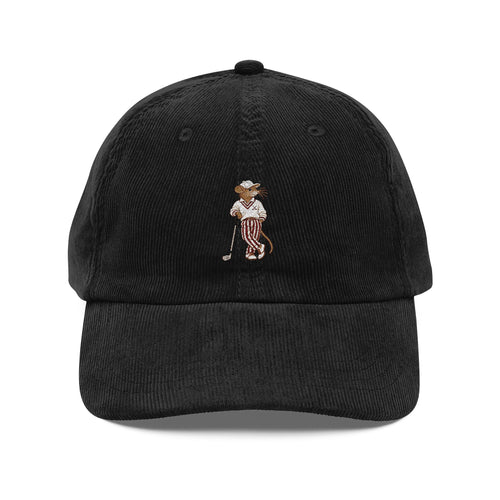 Black corduroy cap with embroidered Ratty golfer, front view