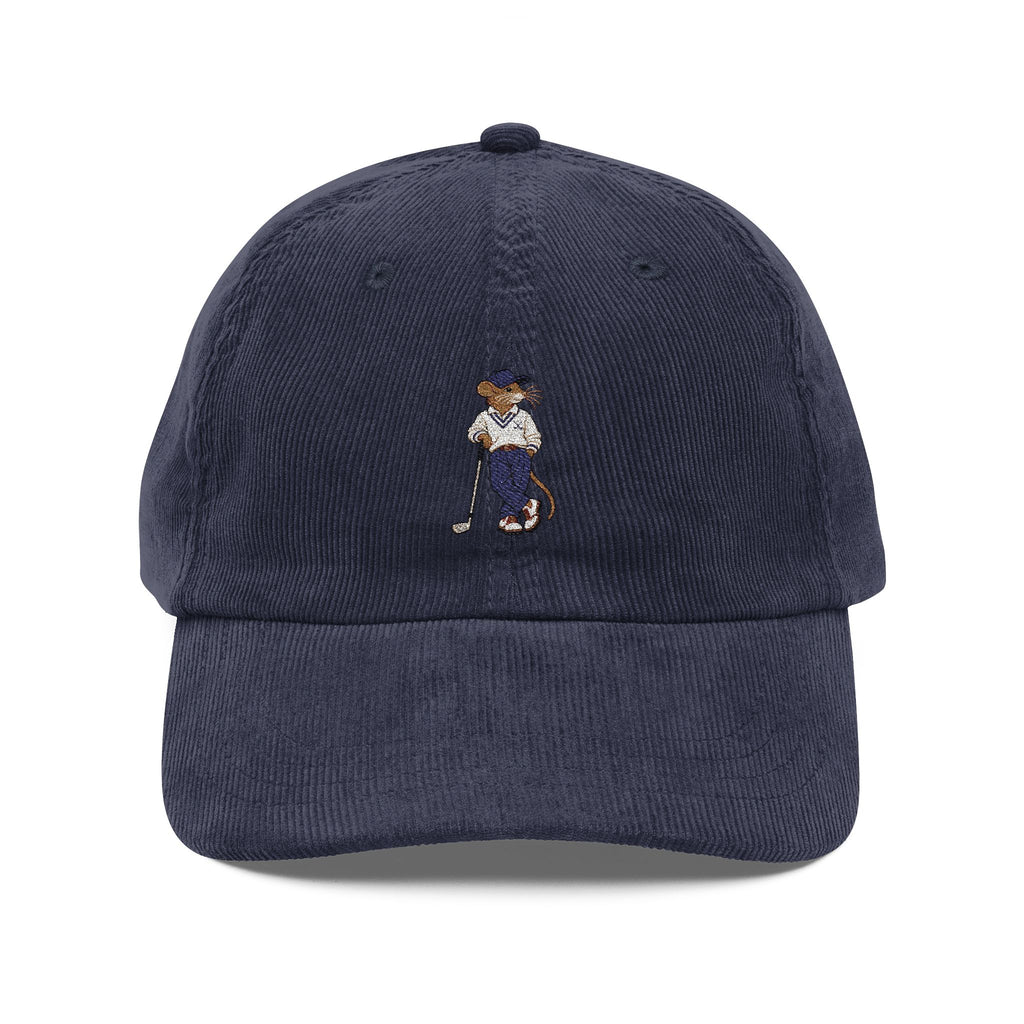 Navy corduroy cap with embroidered Ratty golfer, front view