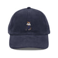 Navy corduroy cap with embroidered Ratty golfer, front view
