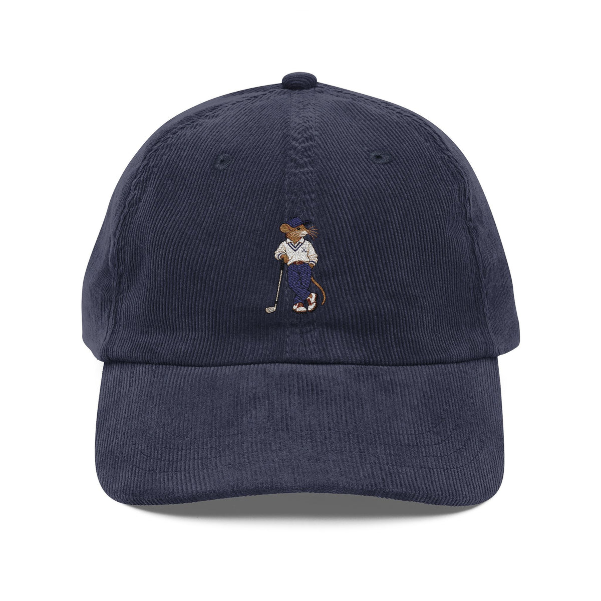 Navy corduroy cap with embroidered Ratty golfer, front view