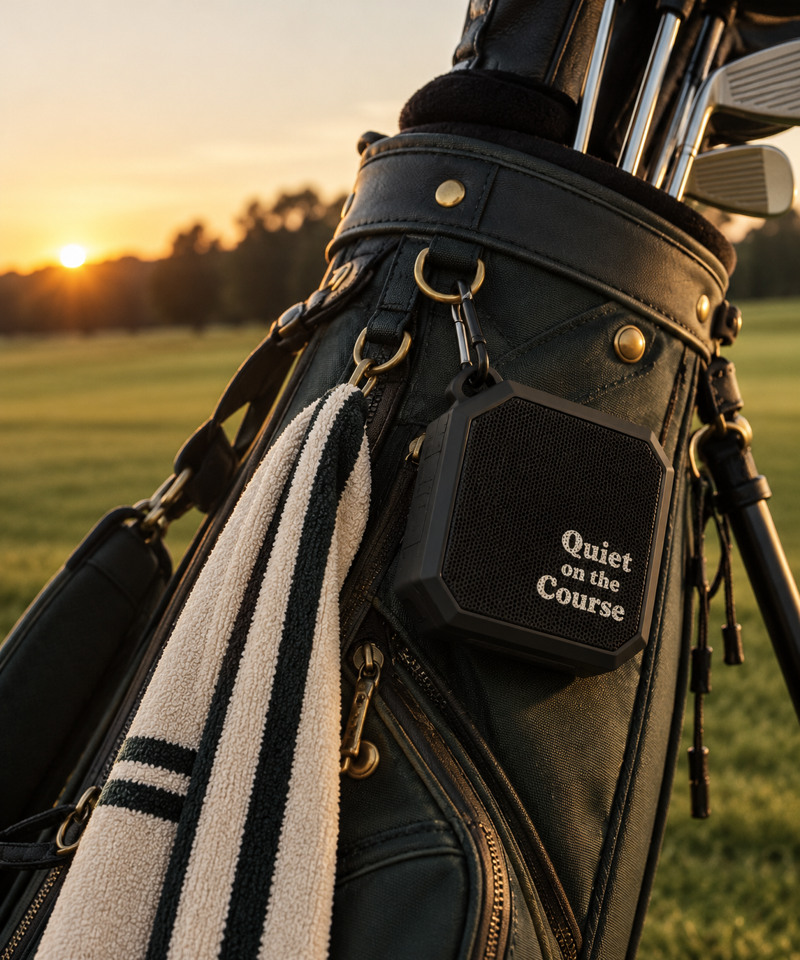 Quiet on the Course speaker clipped to a golf bag on the course at sunset
