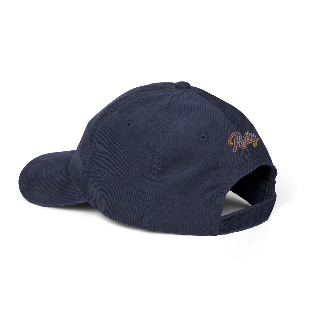 Navy corduroy cap, side view