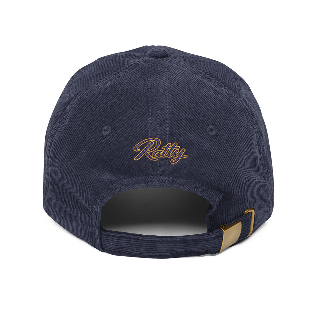 Navy corduroy cap, back view with Ratty script