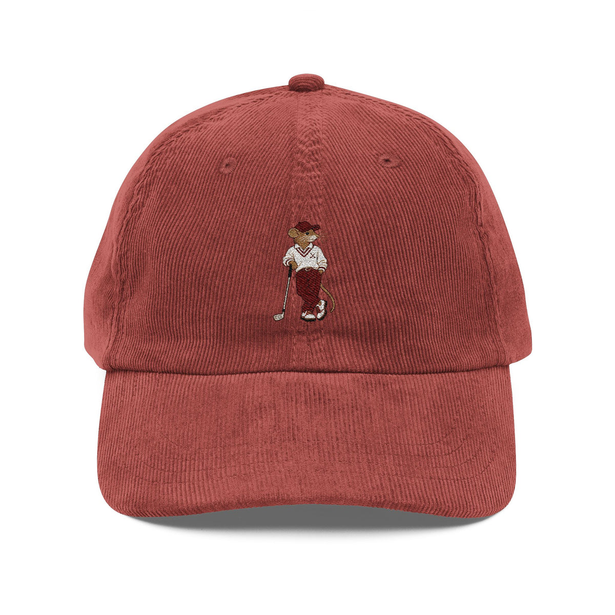 Brick red corduroy cap with embroidered Ratty golfer, front view