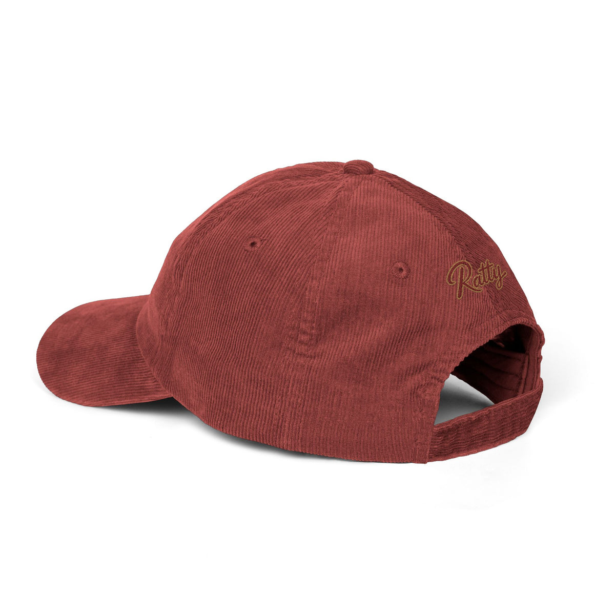 Brick red corduroy cap, side view