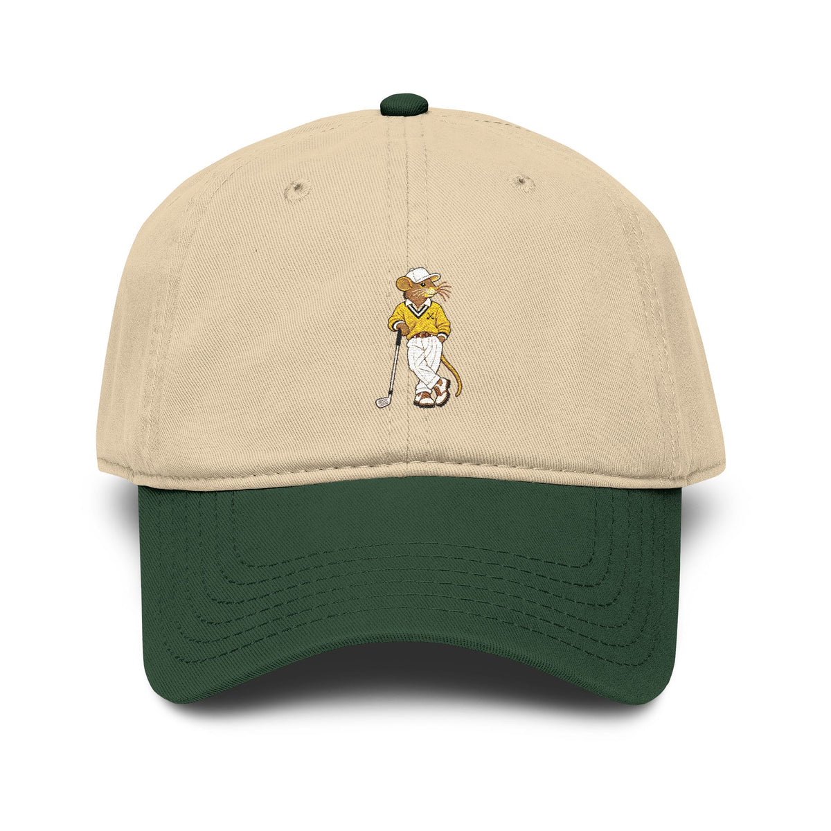 Clubhouse Cap with khaki crown, green visor and embroidered Ratty golfer, front view